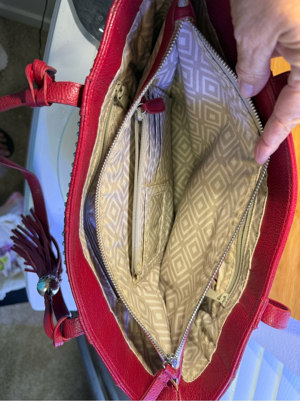 Brighton Red Studded Leather Tote Bag with Tassel and Heart charm - Picture 8 of 9